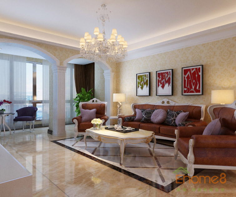 三房一廳108㎡歐式簡(jiǎn)約客廳吊燈背景墻裝修效果圖1