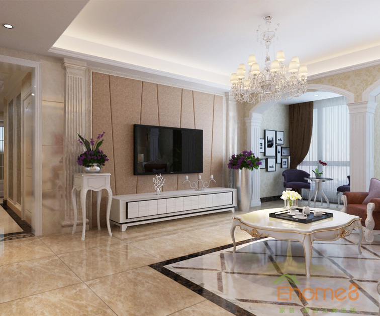 三房一廳108㎡歐式簡(jiǎn)約客廳吊燈電視墻裝修效果圖1