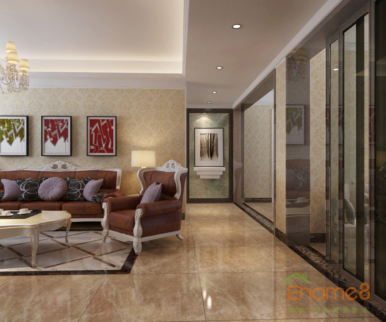 三房一廳108㎡歐式簡(jiǎn)約客廳過(guò)道背景墻裝修效果圖1