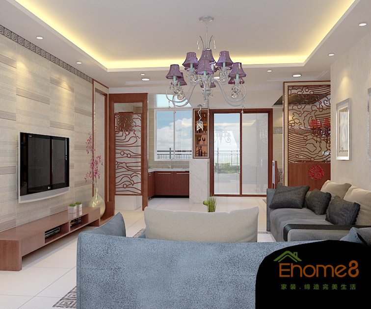 72㎡兩房一廳中式風(fēng)格客廳沙發(fā)裝修效果圖