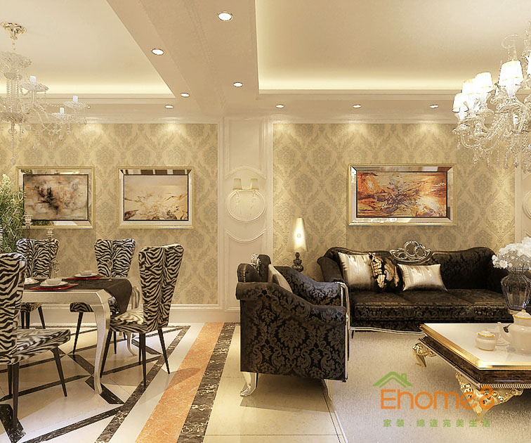 98㎡三房一廳歐式風格客廳餐廳裝修效果圖