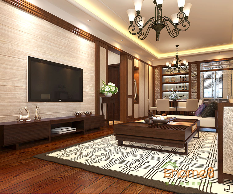 80㎡兩房一廳中西結合風格客廳電視墻裝修效果圖