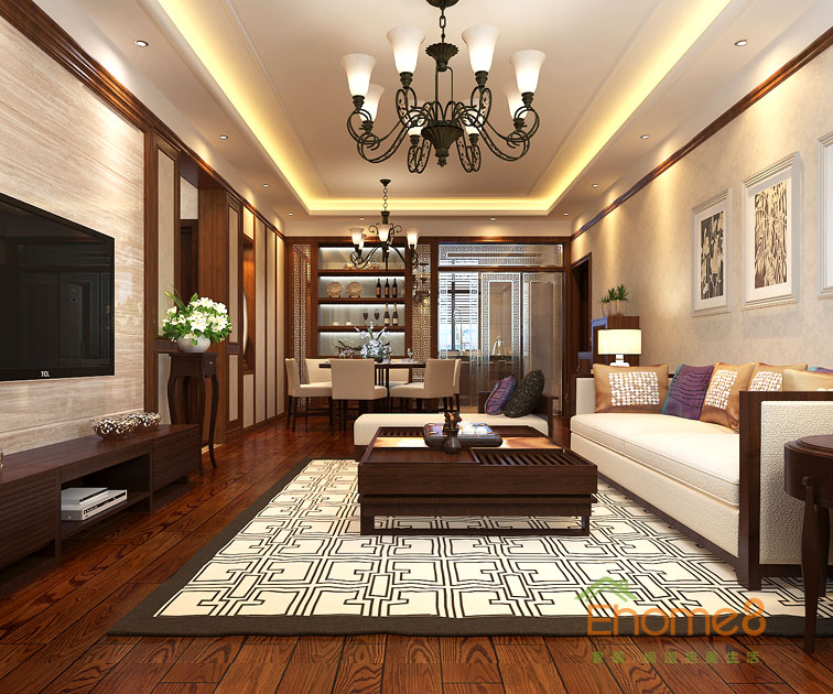 80㎡兩房一廳中西結合風格客廳全景裝修效果圖