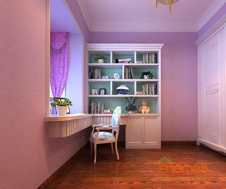 80㎡兩房一廳中西結合風格女兒房書柜裝修效果圖