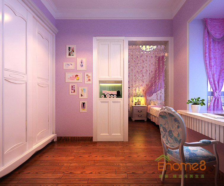 80㎡兩房一廳中西結合風格女兒房書桌裝修效果圖