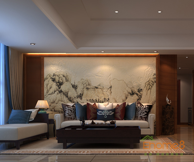 99㎡三房一廳中式優雅風格客廳背景墻裝修效果圖